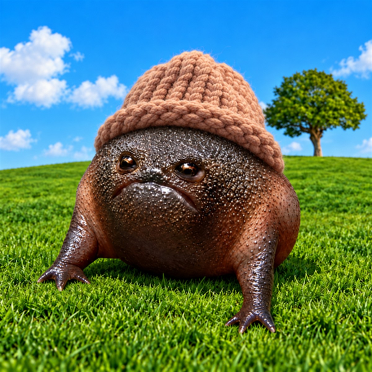 Holy Wif Frog Father in a peach knitted hat on a vivid green hill
